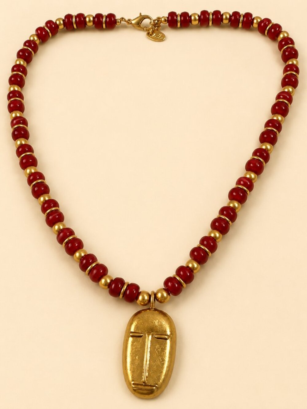 💎Zara Red & Gold Beaded Statement Necklace with Modernist Face Pendant 💎